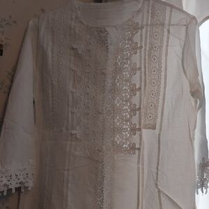 White Embroidered Cotton Tunic with Floral Lace